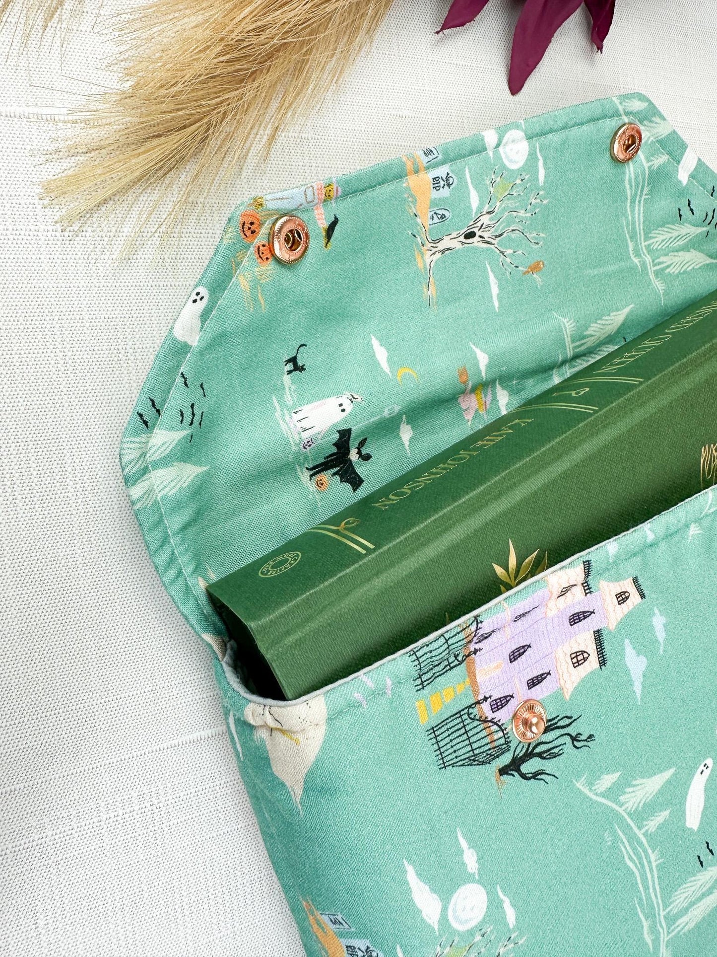 Haunted Stroll Fall Halloween padded protective book sleeve with secure snap closure