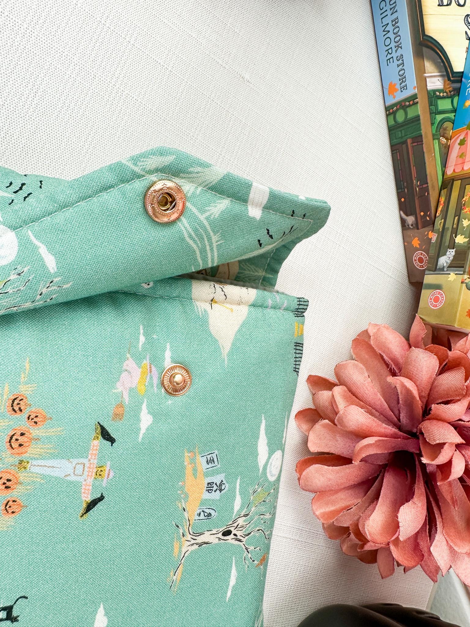 Haunted Stroll Fall Halloween padded protective book sleeve with secure snap closure