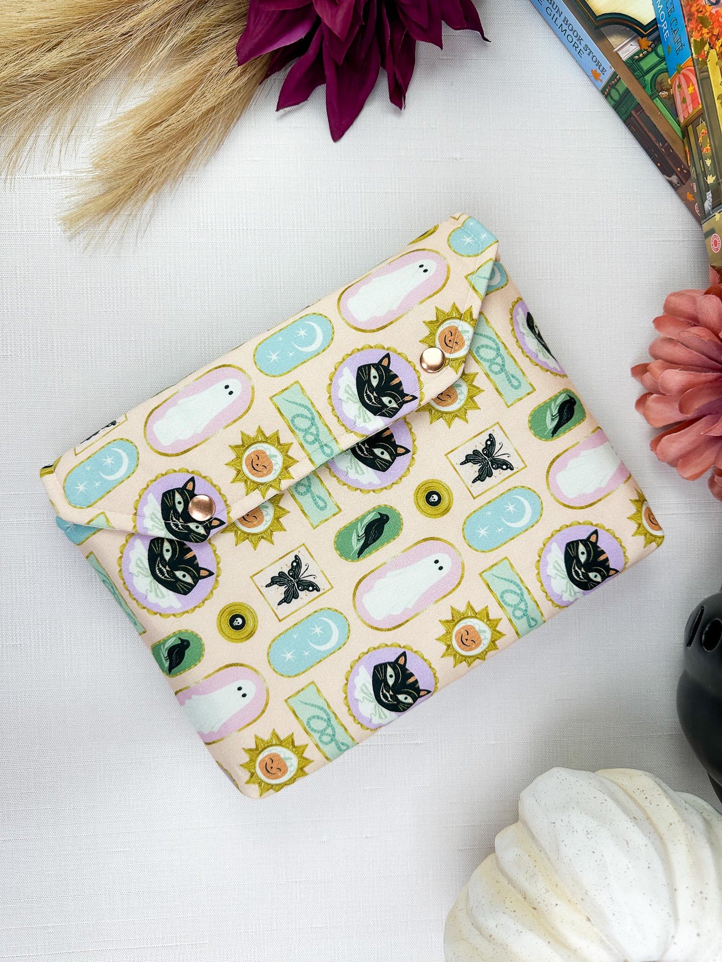 Framed Fright Fall Halloween padded protective book sleeve with secure snap closure for paperbacks hardcovers and e-readers like kindle