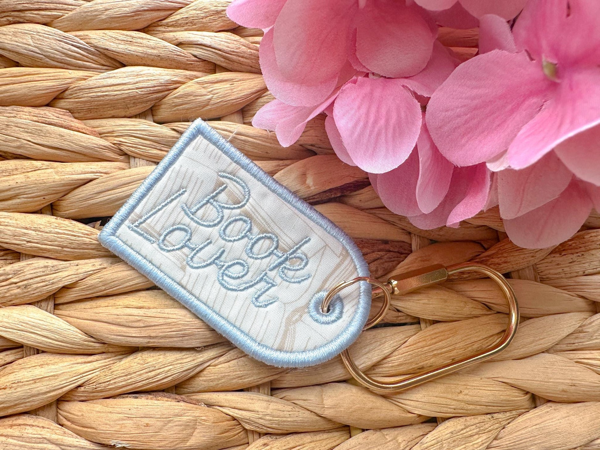 Book Lover Embroidered Keychain, Bookish Bag Charm, Embroidered Bag Tag, Bookworm Gift, Reader Gift, Book Club Gift, Oval Carabiner Clip