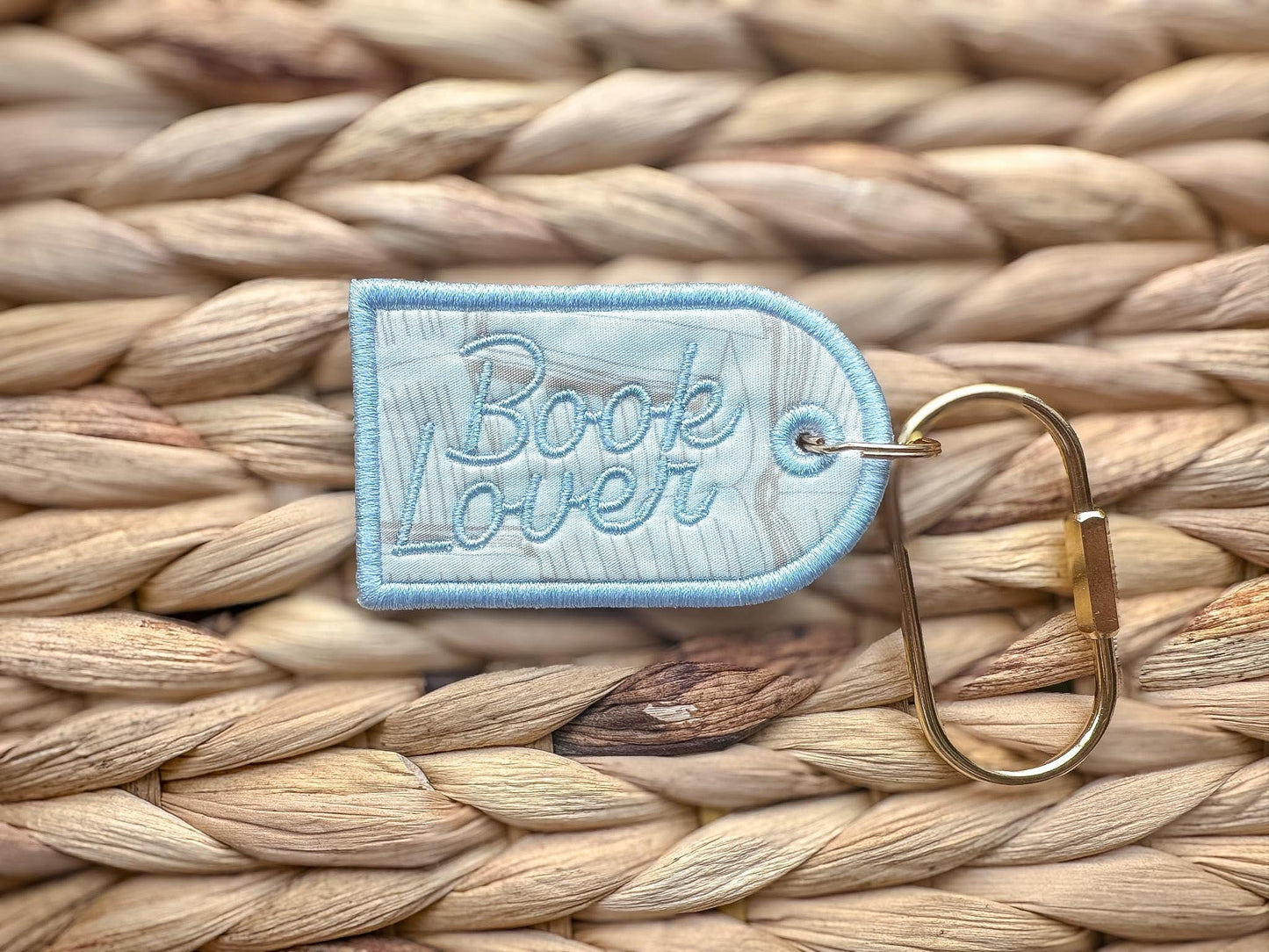 Book Lover Embroidered Keychain, Bookish Bag Charm, Embroidered Bag Tag, Bookworm Gift, Reader Gift, Book Club Gift, Oval Carabiner Clip