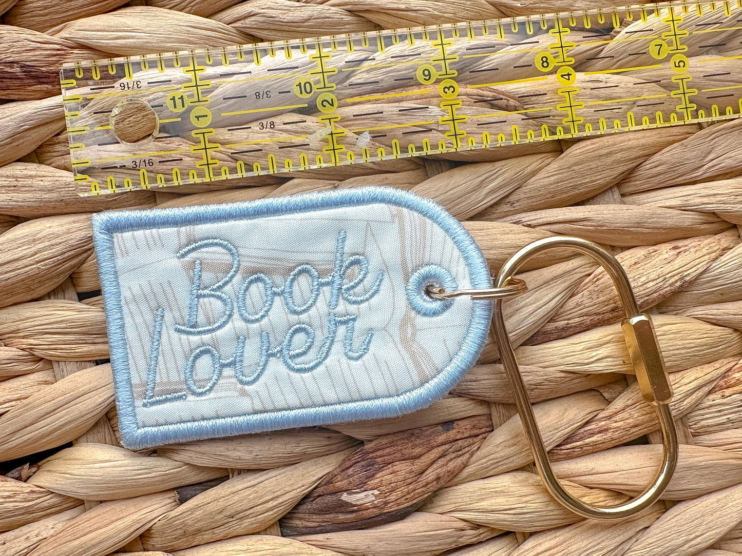 Book Lover Embroidered Keychain, Bookish Bag Charm, Embroidered Bag Tag, Bookworm Gift, Reader Gift, Book Club Gift, Oval Carabiner Clip