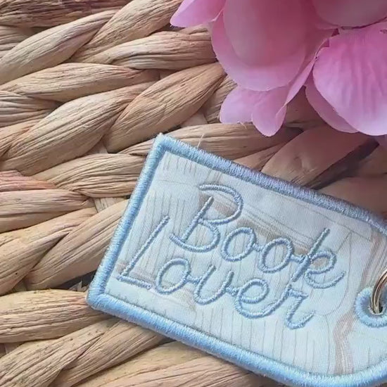 Book Lover Embroidered Keychain, Bookish Bag Charm, Embroidered Bag Tag, Bookworm Gift, Reader Gift, Book Club Gift, Oval  Carabiner Clip