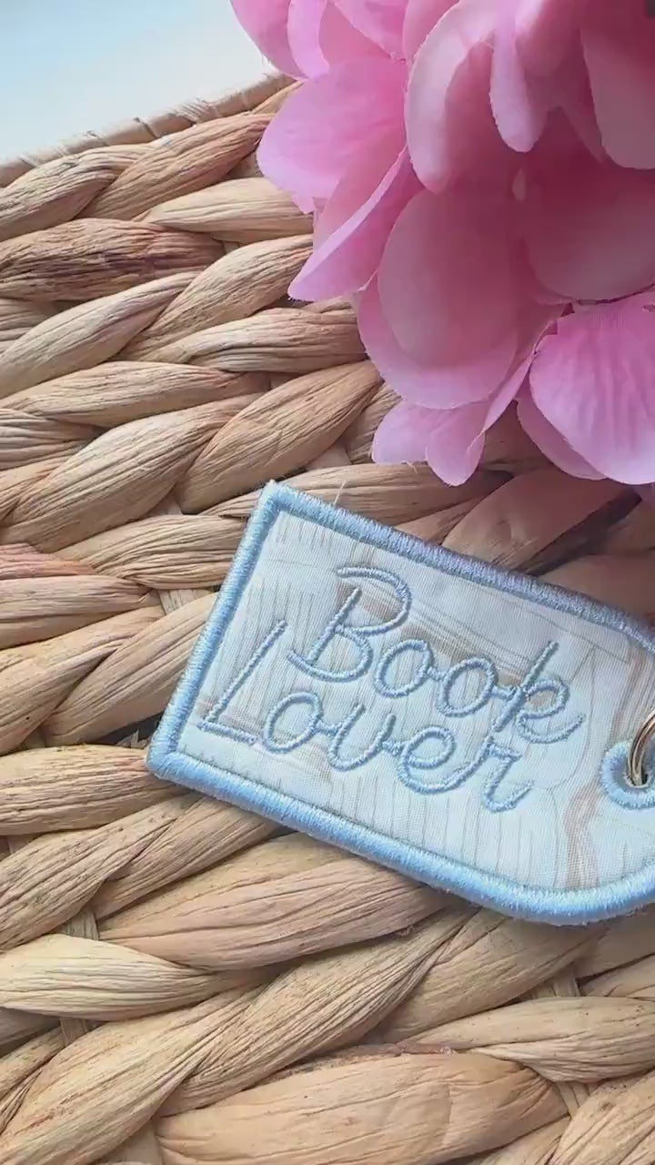 Book Lover Embroidered Keychain, Bookish Bag Charm, Embroidered Bag Tag, Bookworm Gift, Reader Gift, Book Club Gift, Oval  Carabiner Clip